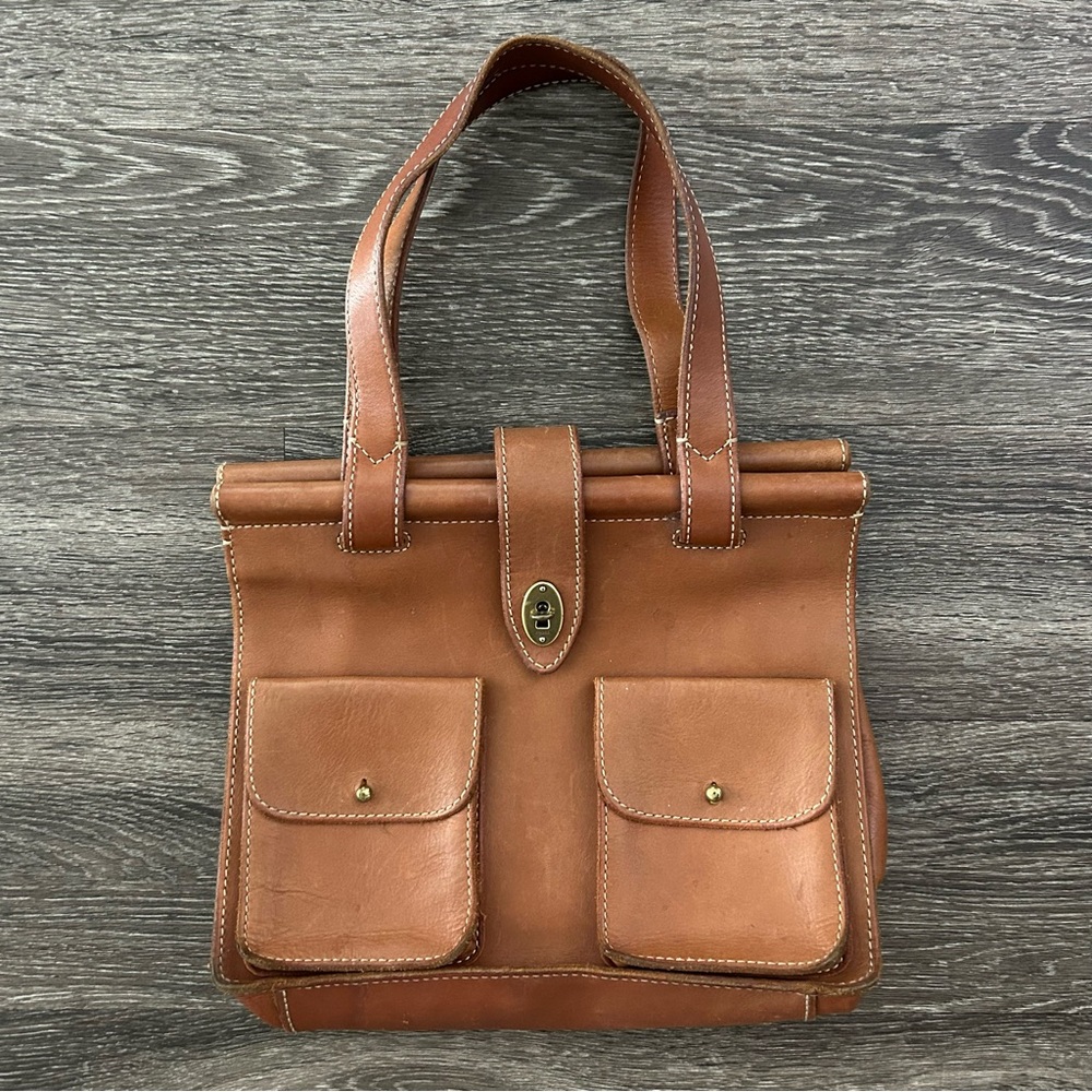 Vintage Fossil Austin Bar Satchel Bag Purse Cognac Brown Genuine Leather FLAWS